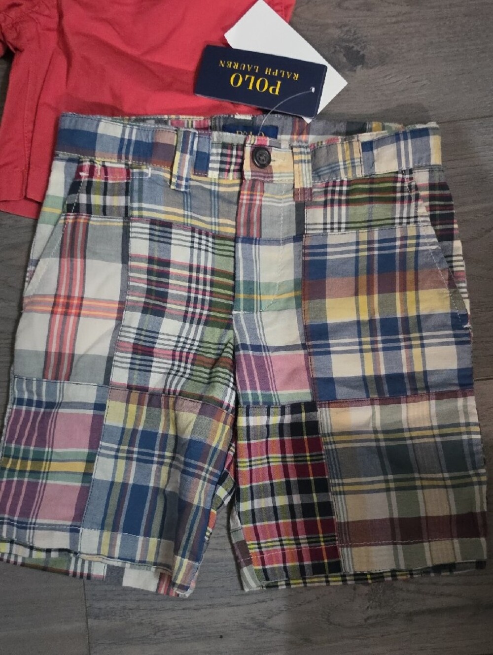2 Polo by Ralph Lauren Coral Red Elastic-Waist & Patchwork Plaid Kids Shorts - Picture 3 of 4